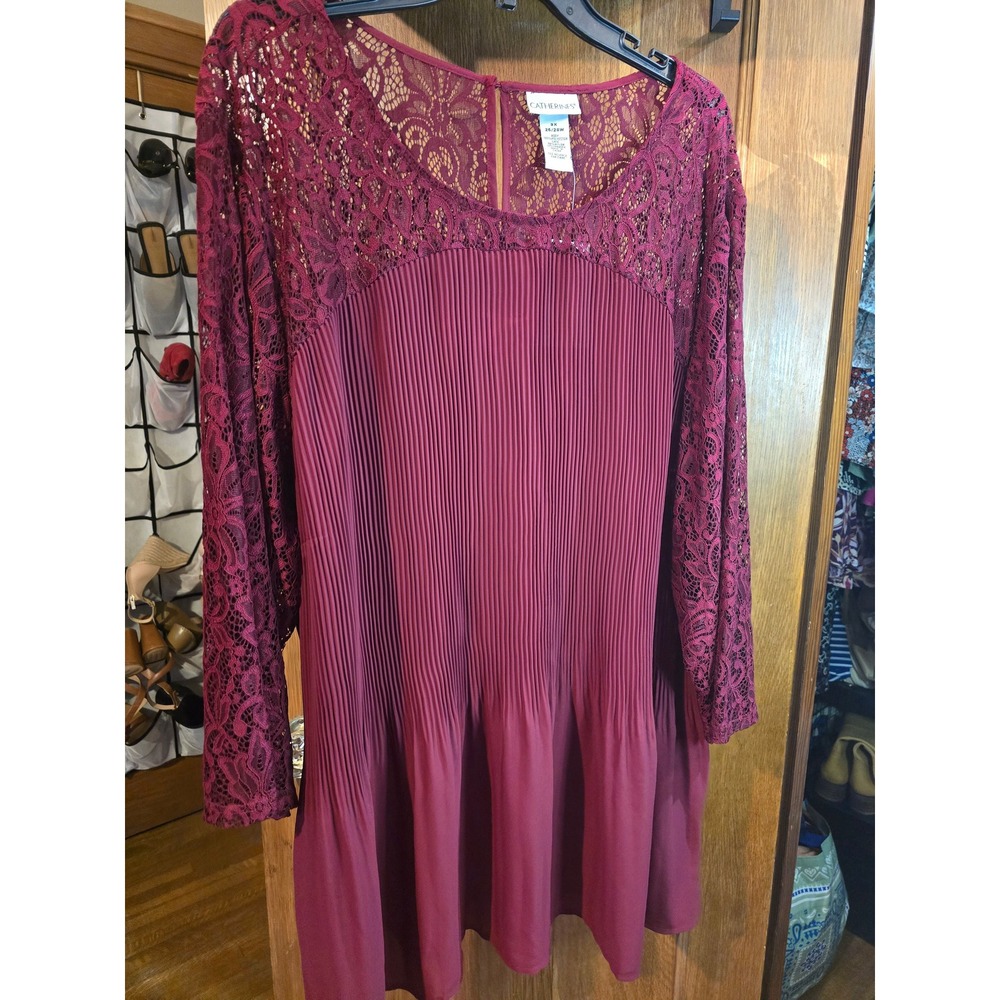 Catherines Burgundy Pleated Lace Blouse 3X 26/28W Wine Red Long Sleeve Top NEW